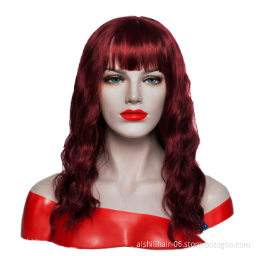 Wholesale long burgunly red natural wave wig with natural bangs synthetie hair wig for women